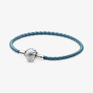(imagine pentru) Brăţară PANDORA Moments Scoică din piele în şir împletit, Turcoaz - 598951C01-S2