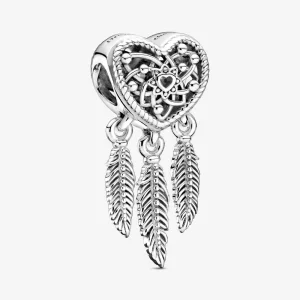 (imagine pentru) Talisman PANDORA de tip dreamcatcher cu trei pene și inimioară cu structură dantelată - 799107C00