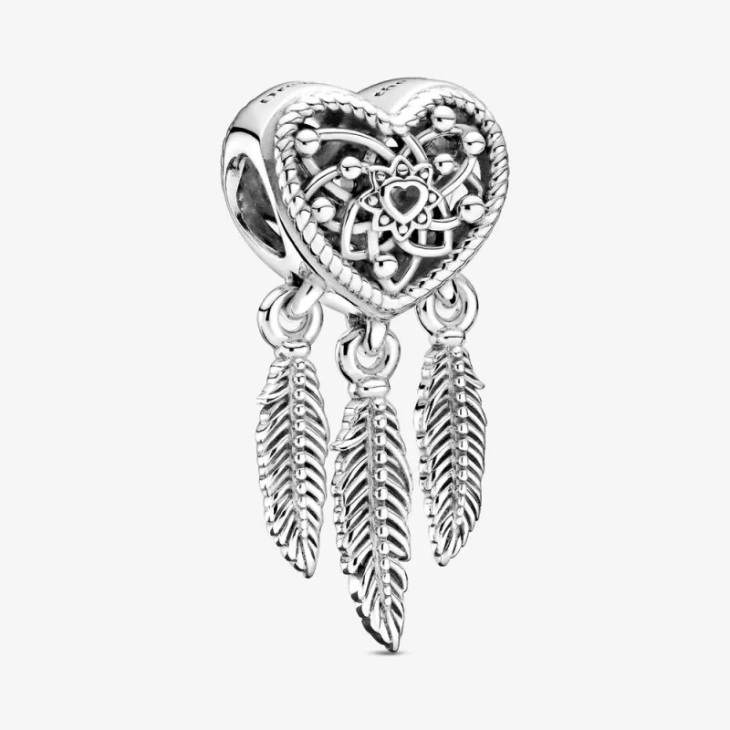 (imagine pentru) Talisman PANDORA de tip dreamcatcher cu trei pene și inimioară cu structură dantelată - 799107C00