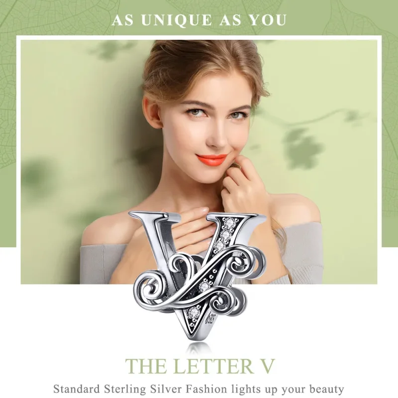 (imagine pentru) Pandora Style Scânteietoare Floare Pavé Litera V Pandantiv - BSC030-V - Vizualizare 7