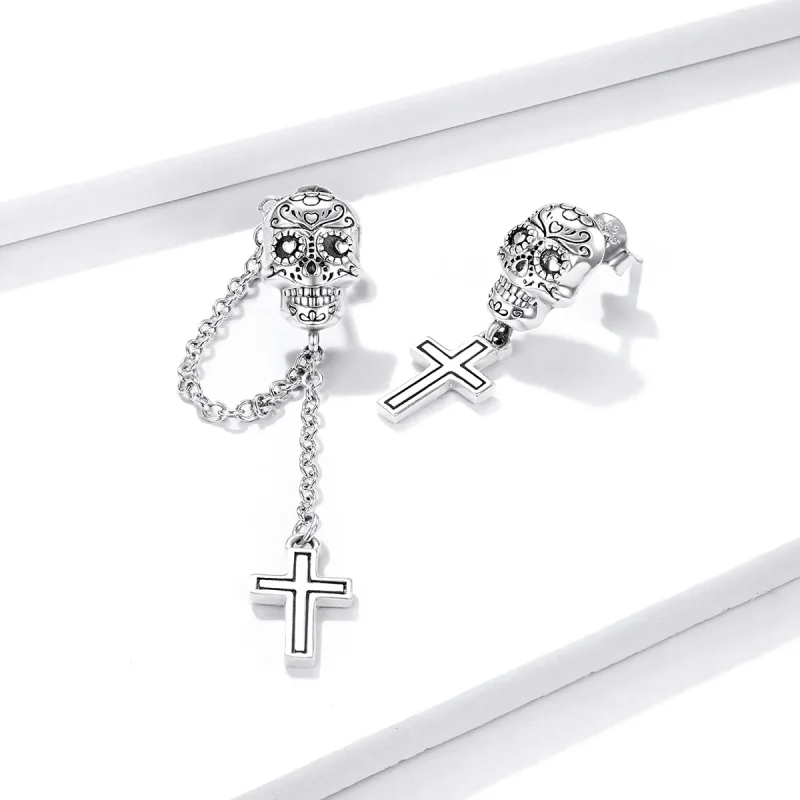 (imagine pentru) Stil Pandora, cercei dangle cu cruce și cranii argintii - BSE419 - Vizualizare 3
