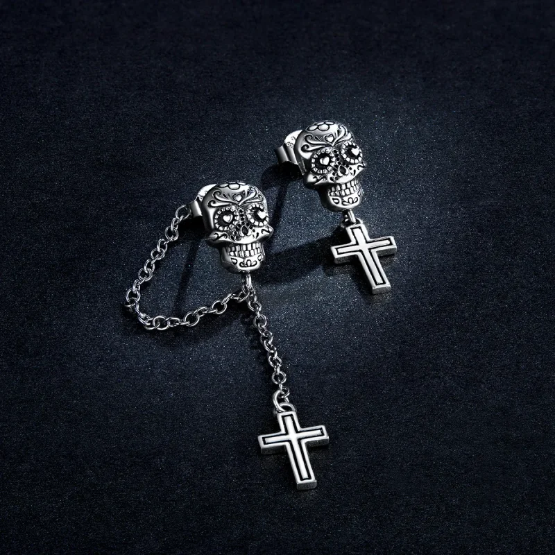 (imagine pentru) Stil Pandora, cercei dangle cu cruce și cranii argintii - BSE419 - Vizualizare 5
