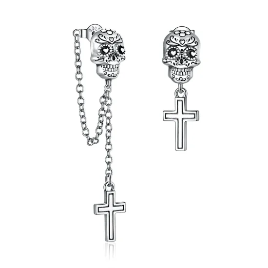 (imagine pentru) Stil Pandora, cercei dangle cu cruce și cranii argintii - BSE419