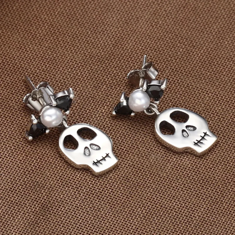 (imagine pentru) Stilul Pandora, Cercei dangle argintii cu cranii personalizate - VSE084 - Vizualizare 4