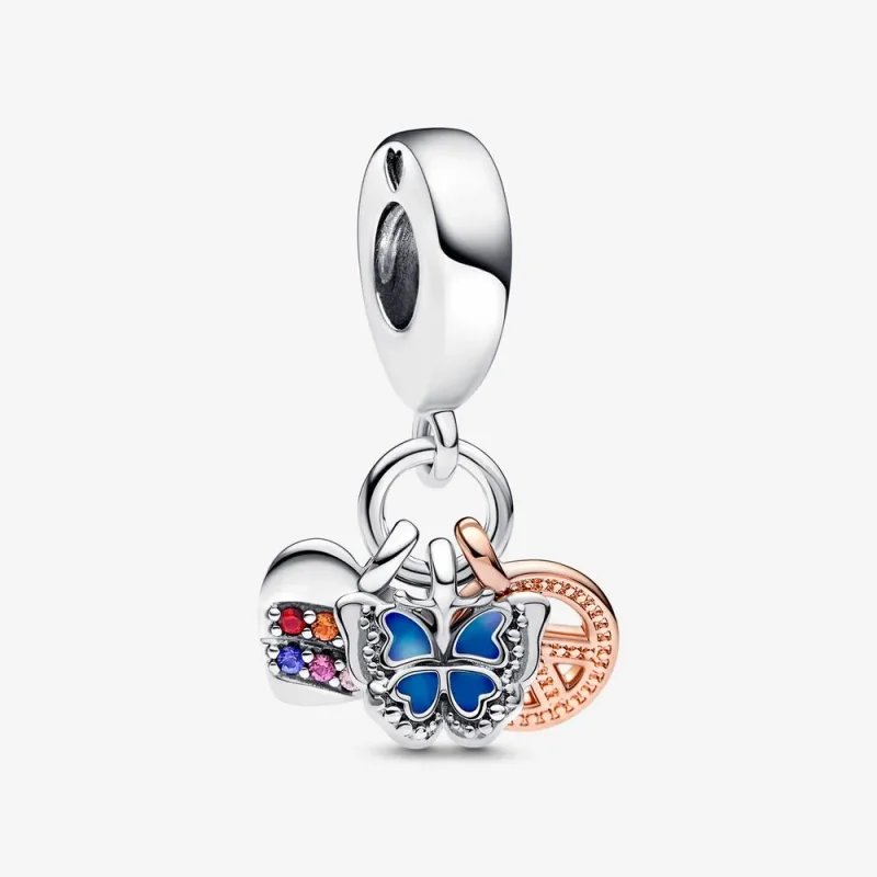 (imagine pentru) PANDORA Inimă cu arc-en-ciel, fluture și simbolul păcii, charm cu trei pendante - 782572C01