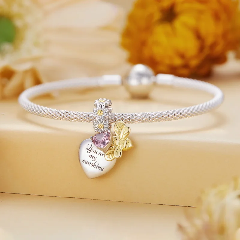 (imagine pentru) Breloc în stil Pandora cu floare de margaretă și albinuță - BSC816 - Vizualizare 3