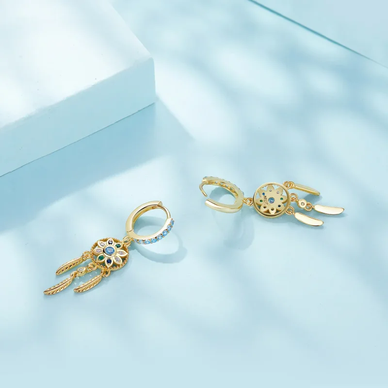 (imagine pentru) Cercei pandantivi stil Pandora cu talisman Dreamcatcher aurii - SCE713-B - Vizualizare 4