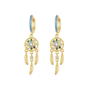 (imagine pentru) Cercei pandantivi stil Pandora cu talisman Dreamcatcher aurii - SCE713-B
