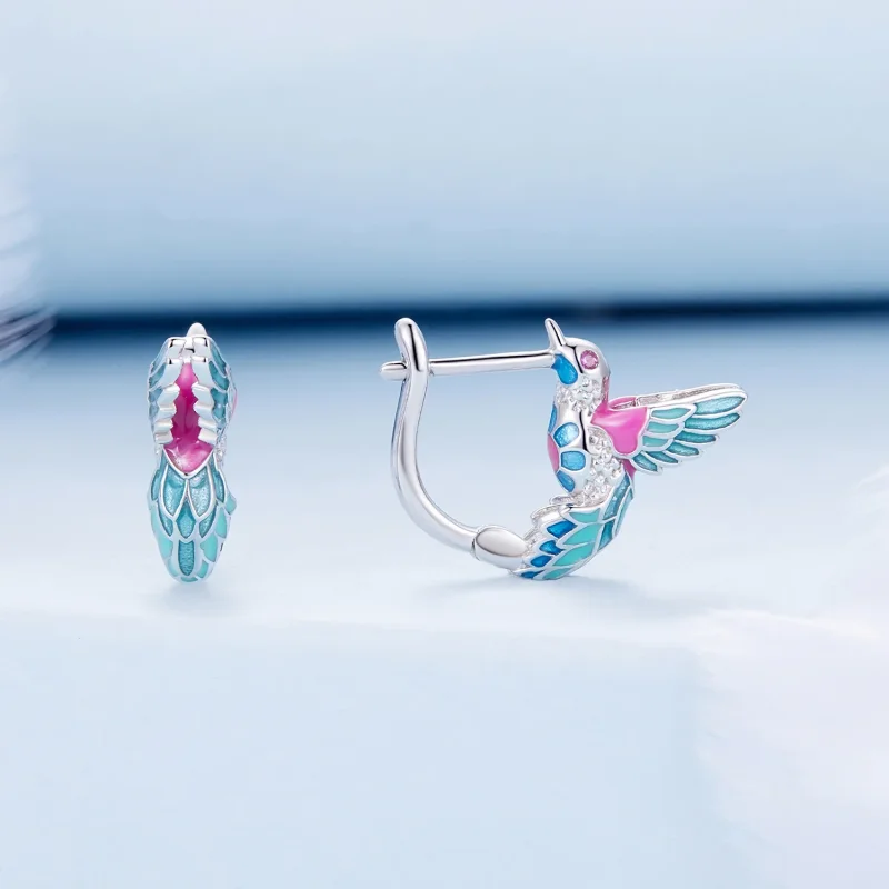 (imagine pentru) Cercei Pandora de tip Hoop cu pasărea Kingfisher - BSE899 - Vizualizare 2