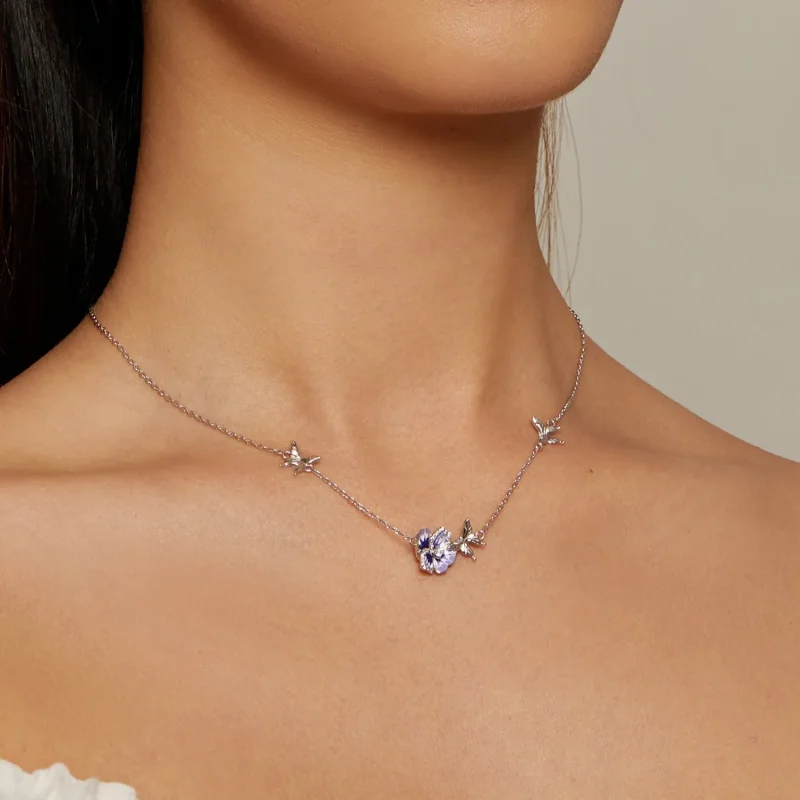 (imagine pentru) Colier elastic cu flori de panselută în stilul Pandora - BSN336 - Vizualizare 5