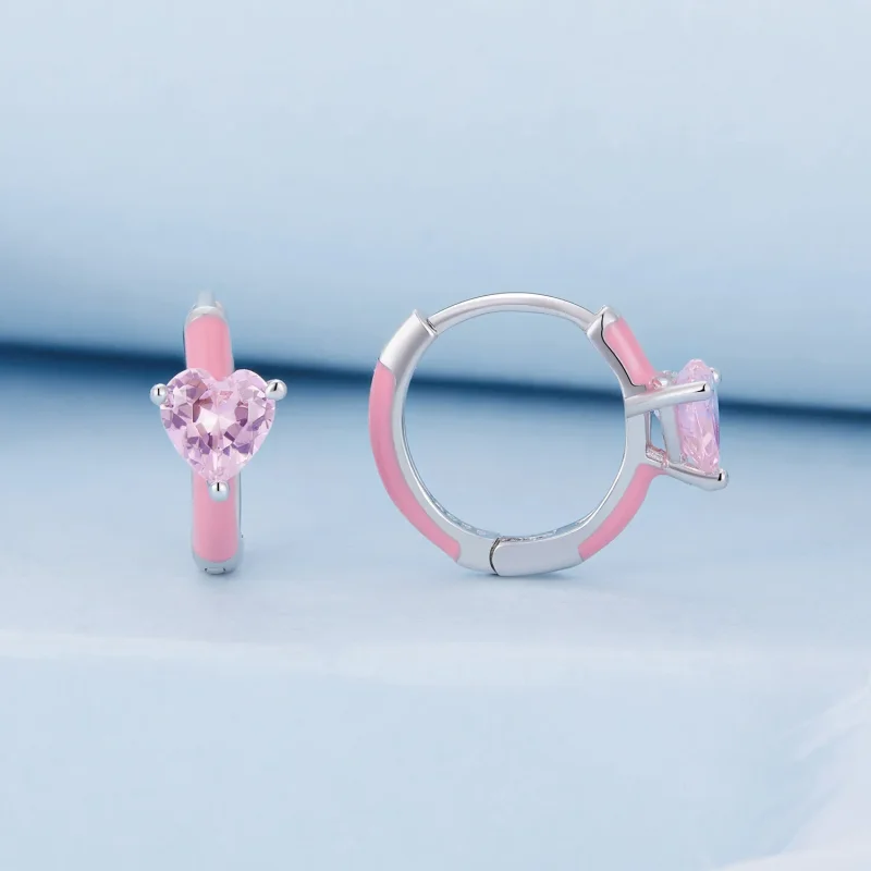 (imagine pentru) Stil Pandora, cercelusuri in forma de inima roz - BSE813 - Vizualizare 2