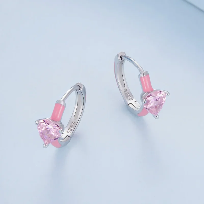 (imagine pentru) Stil Pandora, cercelusuri in forma de inima roz - BSE813 - Vizualizare 3