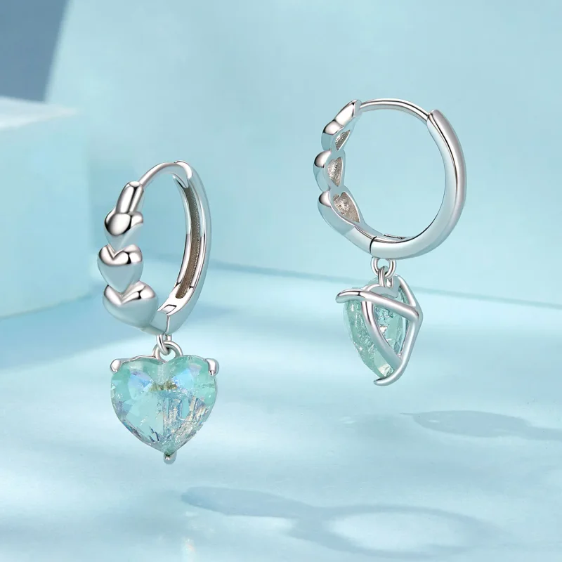 (imagine pentru) Cercei în formă de inimă, cu zirconiu, stil PANDORA, albastru, verde, gheață - S - Vizualizare 3