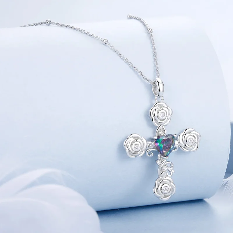 (imagine pentru) Colier cruce cu trandafiri stil PANDORA - BSN379 - Vizualizare 2