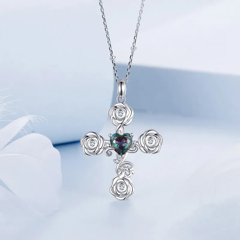 (imagine pentru) Colier cruce cu trandafiri stil PANDORA - BSN379 - Vizualizare 3