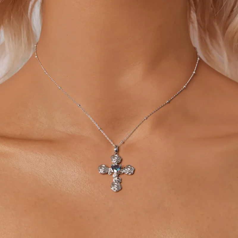(imagine pentru) Colier cruce cu trandafiri stil PANDORA - BSN379 - Vizualizare 5