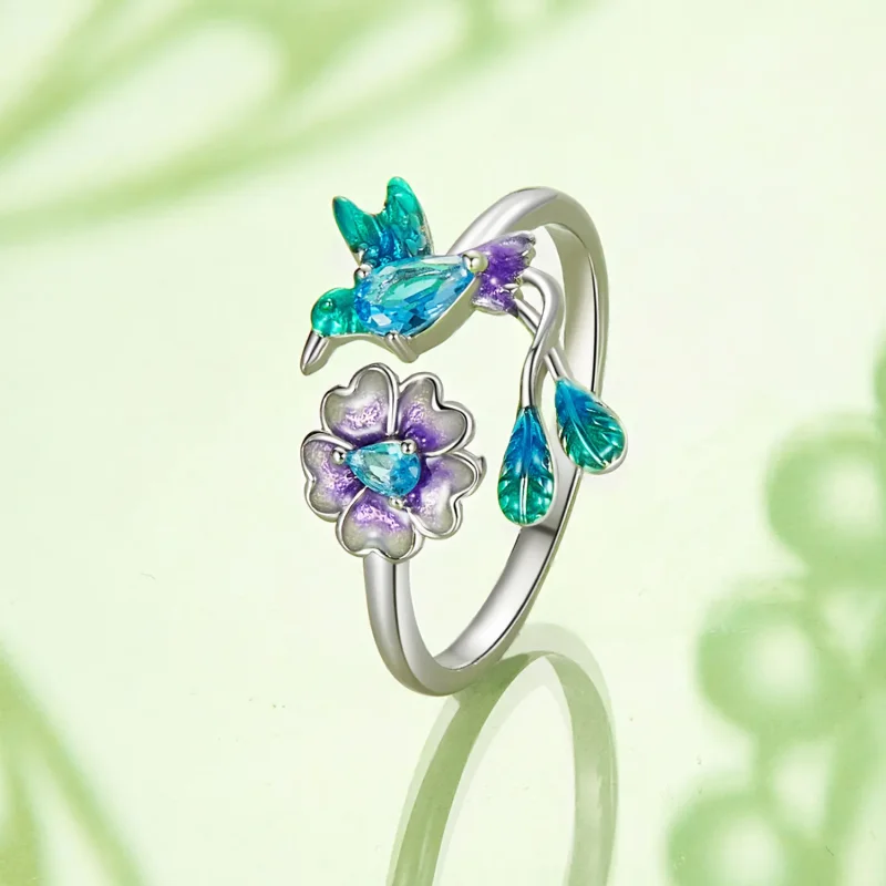 (imagine pentru) Inel Deschis Floare Si Pasare Stil PANDORA - BSR536-E - Vizualizare 3