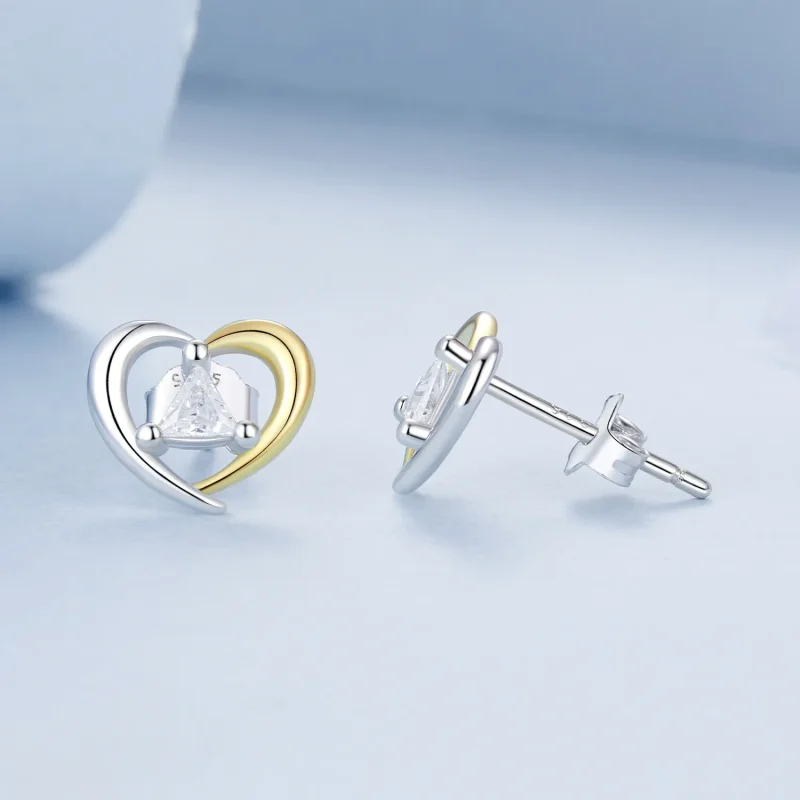 (imagine pentru) Cercei inimioare bicolor stil PANDORA - BSE1027 - Vizualizare 4