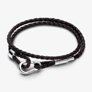 (imagine pentru) Brățară dublă din piele împletită maro Pandora Moments - 593338C01