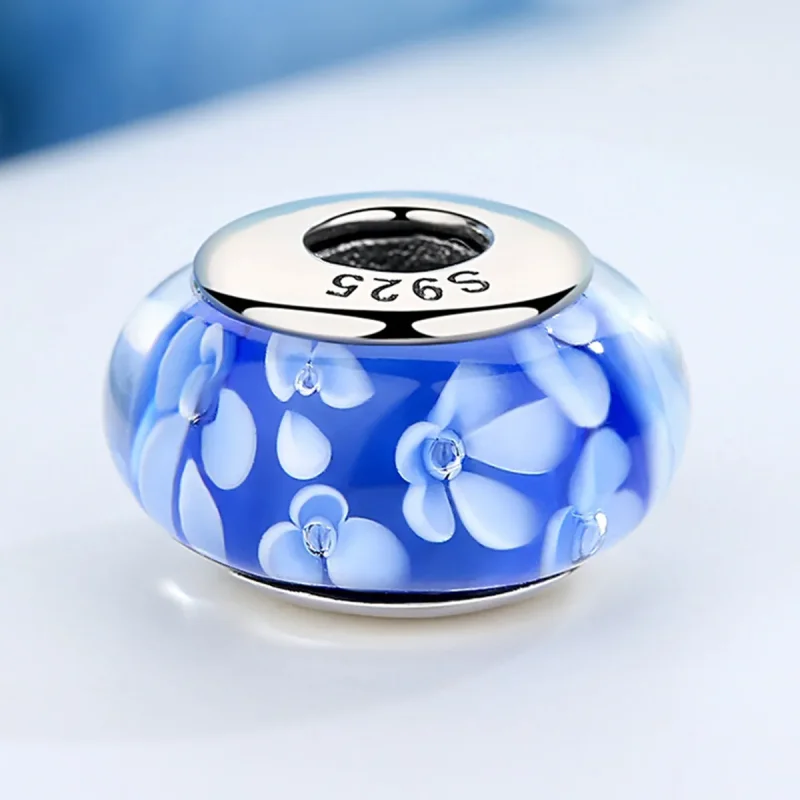 (imagine pentru) Pandora Stilul Blue Murano Glass White Flowers Charm - SCZ006 - Vizualizare 5
