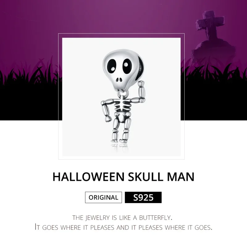 (imagine pentru) Pandora Style Charm de Argint pentru Halloween - Craniu Om - SCC1617 - Vizualizare 6
