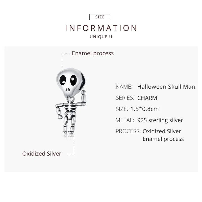 (imagine pentru) Pandora Style Charm de Argint pentru Halloween - Craniu Om - SCC1617 - Vizualizare 8