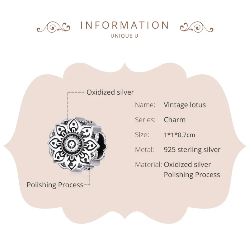 (imagine pentru) Pandora Style Charm de Lotus Vintage din Argint - SCC1823 - Vizualizare 6