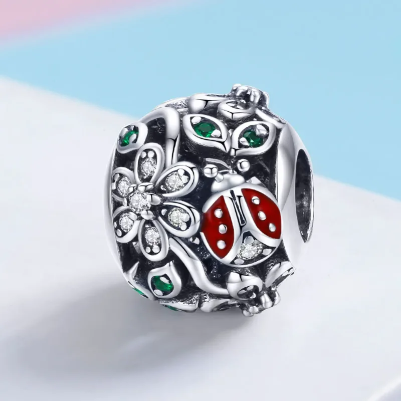 (imagine pentru) Pandora Style Charm de Argint cu Buburuze și Flori - SCC926 - Vizualizare 2