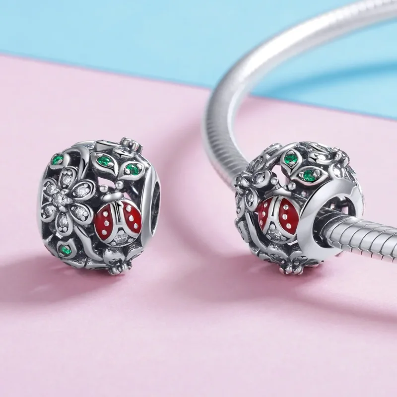 (imagine pentru) Pandora Style Charm de Argint cu Buburuze și Flori - SCC926 - Vizualizare 4