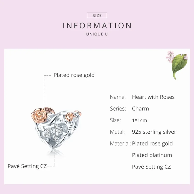 (imagine pentru) Talisman Tip Pandora Inima Cu Trandafiri în două nuanțe - BSC280 - Vizualizare 7