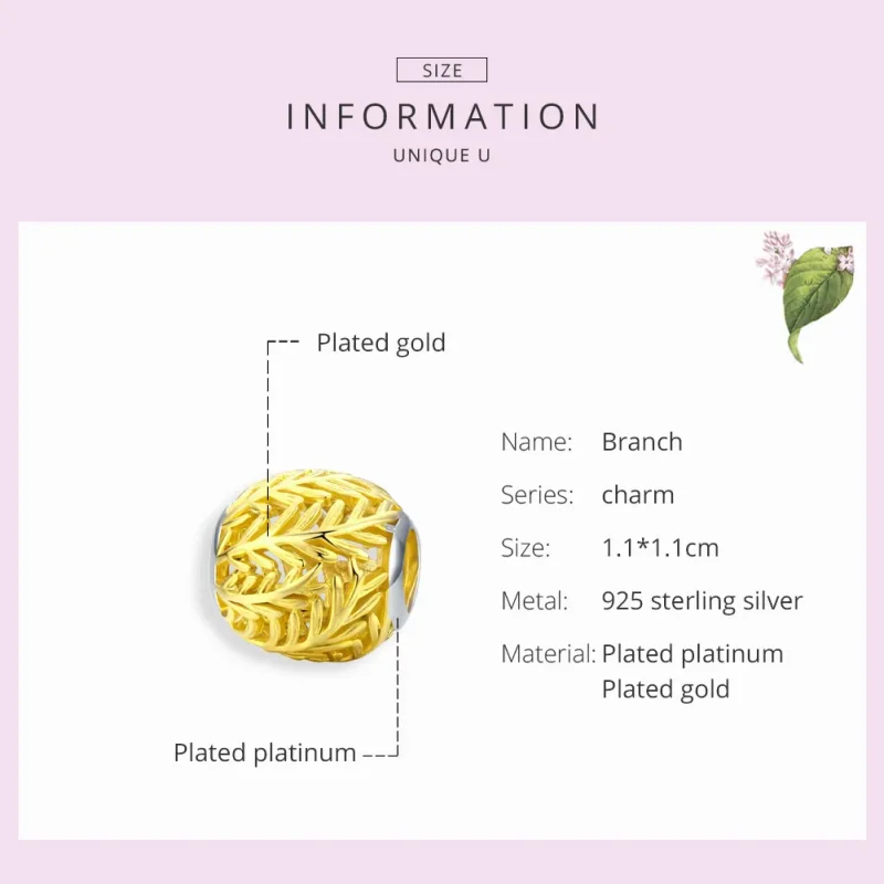 (imagine pentru) Talisman Tip Pandora ramuri și frunze placat cu aur de 14 k - SCC1332 - Vizualizare 7
