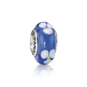 (imagine pentru) Talisman din argint, sticla de murano albastra cu flori albe - 7