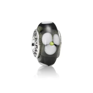 (imagine pentru) Talisman din argint, sticla de murano neagra cu flori albe - 790