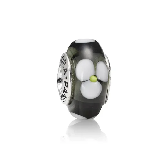 (imagine pentru) Talisman din argint, sticla de murano neagra cu flori albe - 790