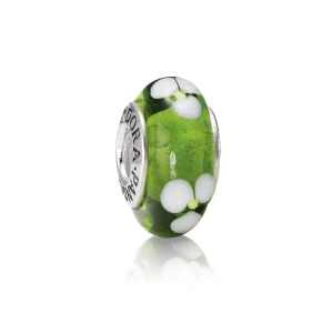 (imagine pentru) Talisman din argint, sticla de murano verde cu flori albe - 7906