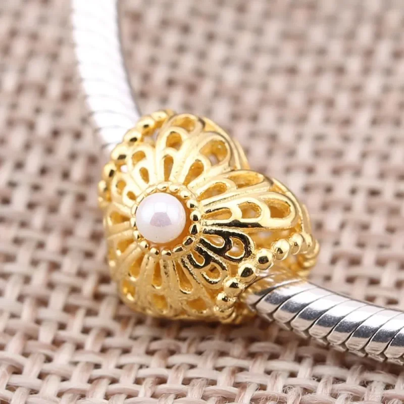 (imagine pentru) Talisman Inimă Vintage din aur 14k, cu perle albe de cultură de - Vizualizare 2
