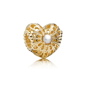 (imagine pentru) Talisman Inimă Vintage din aur 14k, cu perle albe de cultură de 