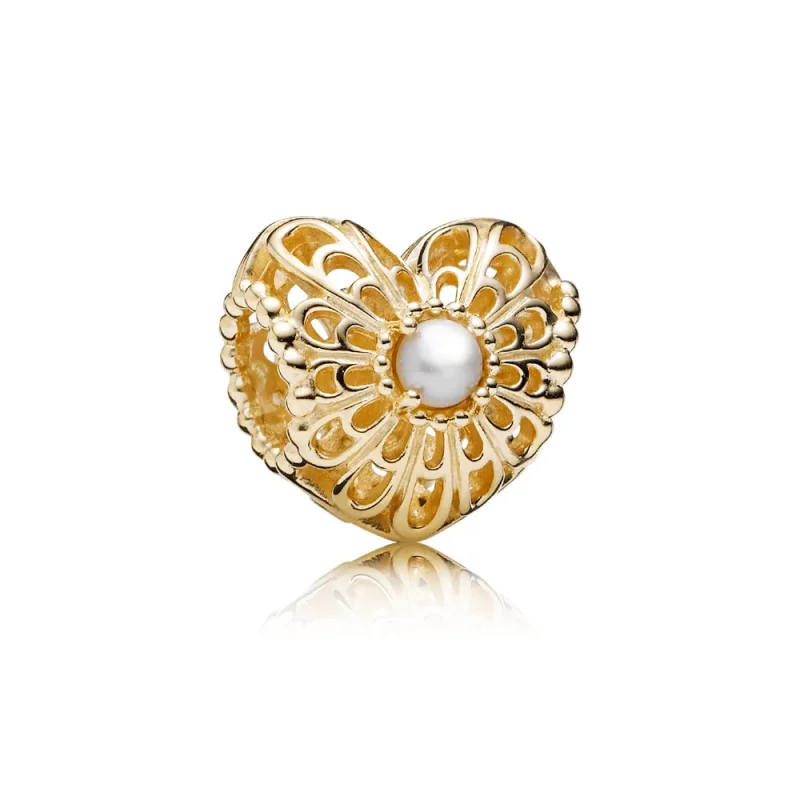 (imagine pentru) Talisman Inimă Vintage din aur 14k, cu perle albe de cultură de 