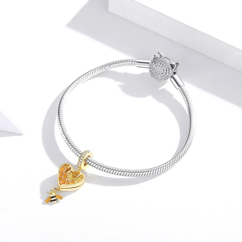 (imagine pentru) Pandora Style Placat cu Aur 18 ct Pendant Pandantiv cu Fagure de Miere Love - SC - Vizualizare 3