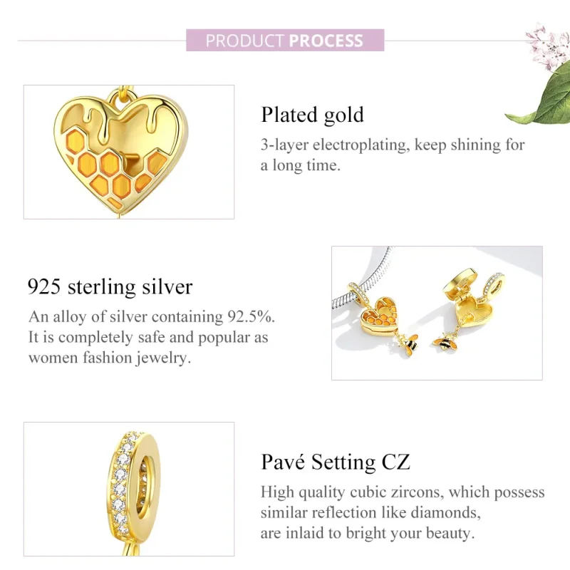 (imagine pentru) Pandora Style Placat cu Aur 18 ct Pendant Pandantiv cu Fagure de Miere Love - SC - Vizualizare 7