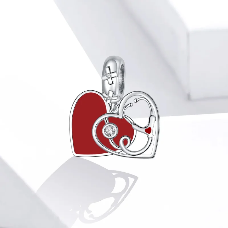 (imagine pentru) Talisman pandantiv Tip Pandora cu Stetoscop cu inimă roșie din argint - BSC308 - Vizualizare 2