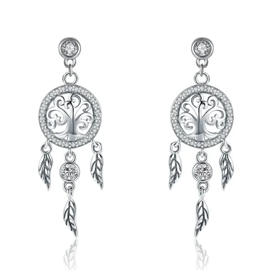 (imagine pentru) Cercei lungi Tip Pandora cu Arborele vieții & Dream Catcher din argint - SCE457