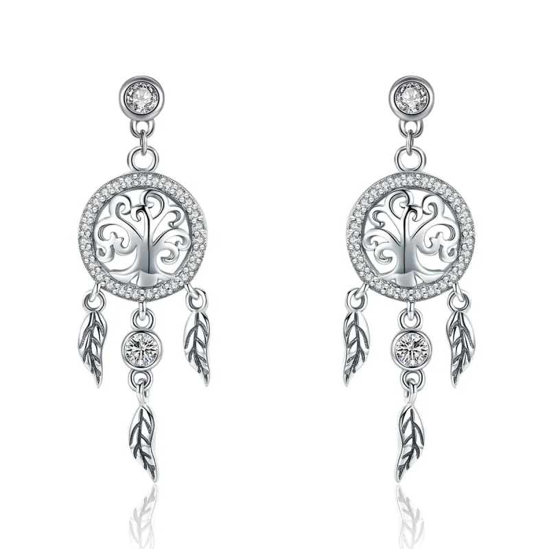 (imagine pentru) Cercei lungi Tip Pandora cu Arborele vieții & Dream Catcher din argint - SCE457
