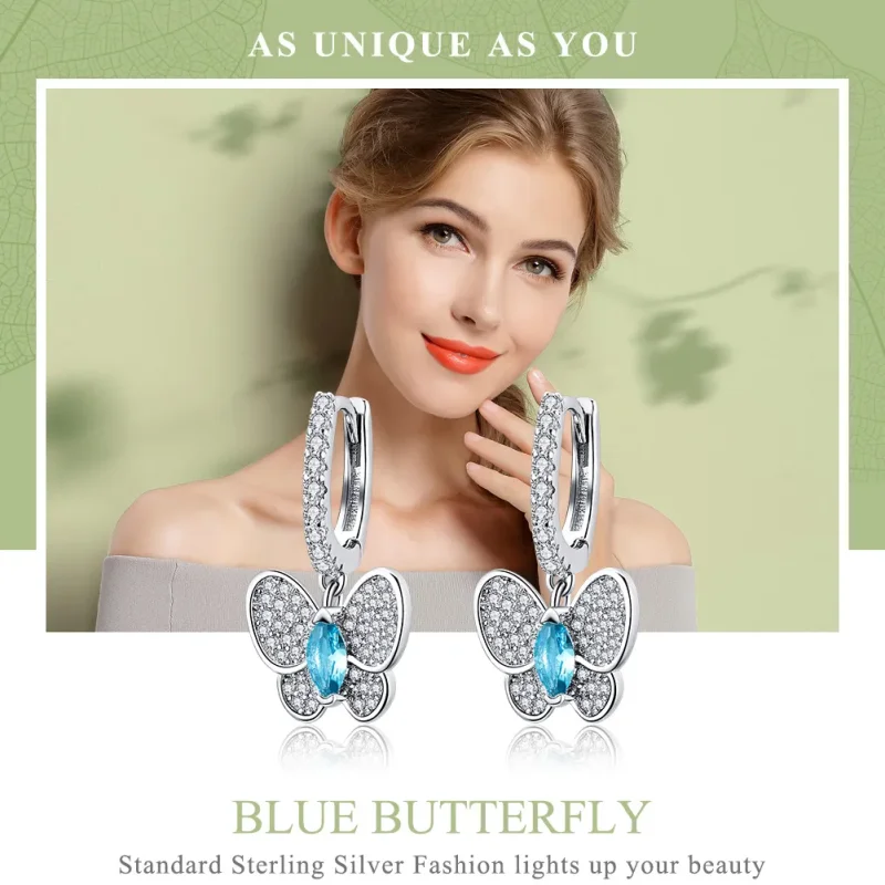(imagine pentru) Cercei lungi Tip Pandora cu Fluture albastru din argint - SCE513 - Vizualizare 2