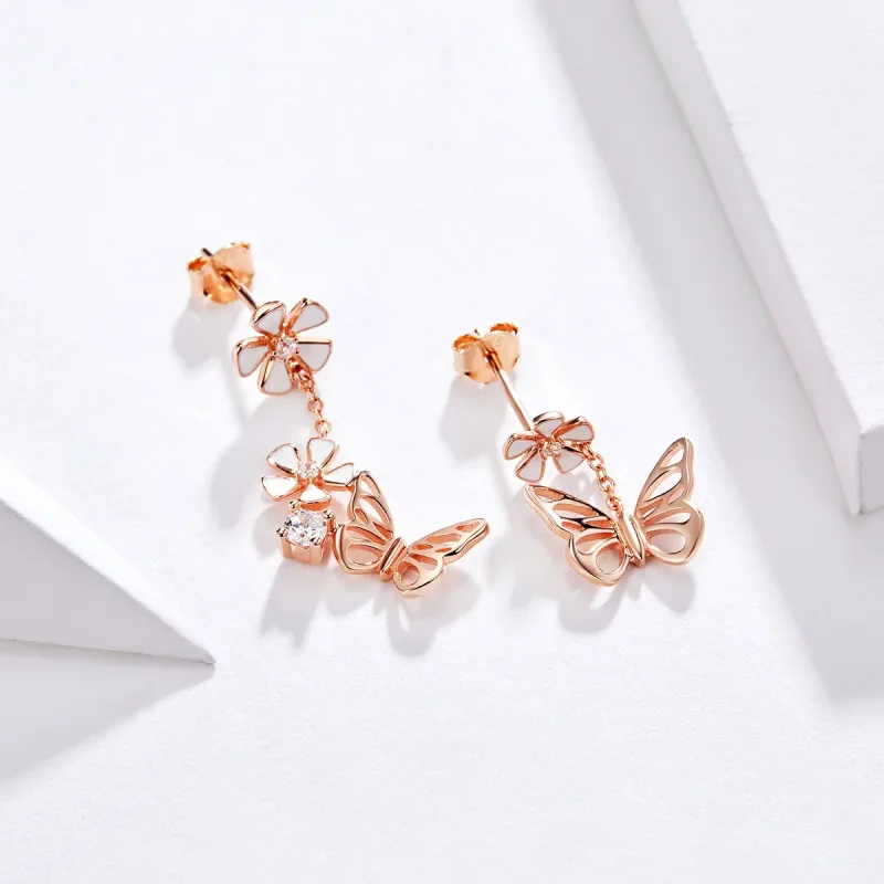 (imagine pentru) Cercei lungi Tip Pandora cu Fluture dansant din aur rose - BSE100 - Vizualizare 2