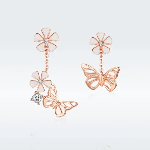 (imagine pentru) Cercei lungi Tip Pandora cu Fluture dansant din aur rose - BSE100