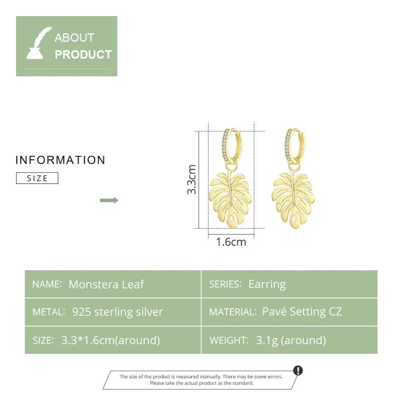 (imagine pentru) Cercei lungi Tip Pandora cu Frunza Monstera placat cu aur de 14 k - BSE223 - Vizualizare 3