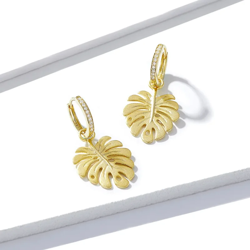 (imagine pentru) Cercei lungi Tip Pandora cu Frunza Monstera placat cu aur de 14 k - BSE223 - Vizualizare 2