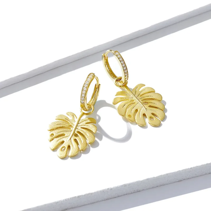 (imagine pentru) Cercei lungi Tip Pandora cu Frunza Monstera placat cu aur de 14 k - BSE223 - Vizualizare 5