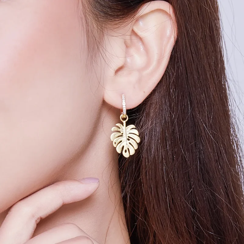 (imagine pentru) Cercei lungi Tip Pandora cu Frunza Monstera placat cu aur de 14 k - BSE223 - Vizualizare 6